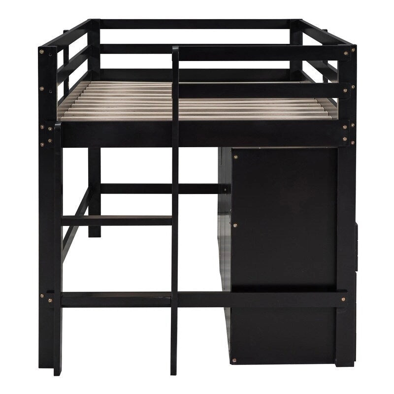 Twin Size Loft Bed with 4 Drawers, Underneath Cabinet and Shelves