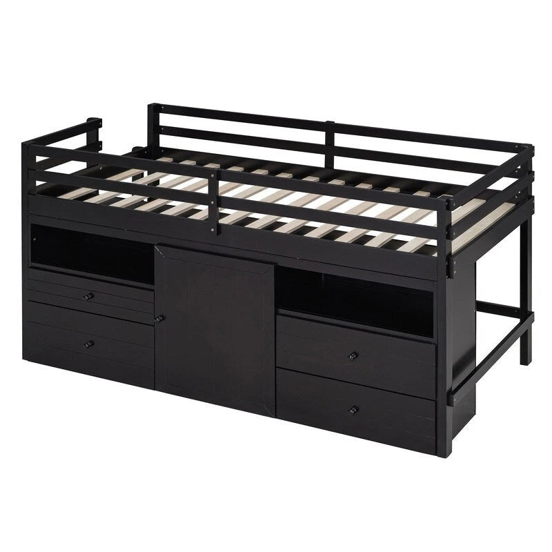 Twin Size Loft Bed with 4 Drawers, Underneath Cabinet and Shelves