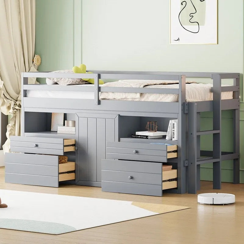 Twin Size Loft Bed with 4 Drawers, Underneath Cabinet and Shelves