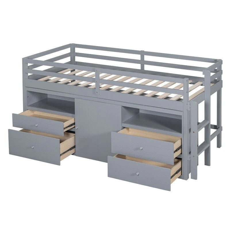 Twin Size Loft Bed with 4 Drawers, Underneath Cabinet and Shelves
