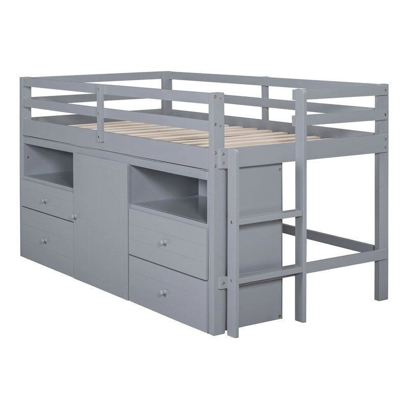 Twin Size Loft Bed with 4 Drawers, Underneath Cabinet and Shelves
