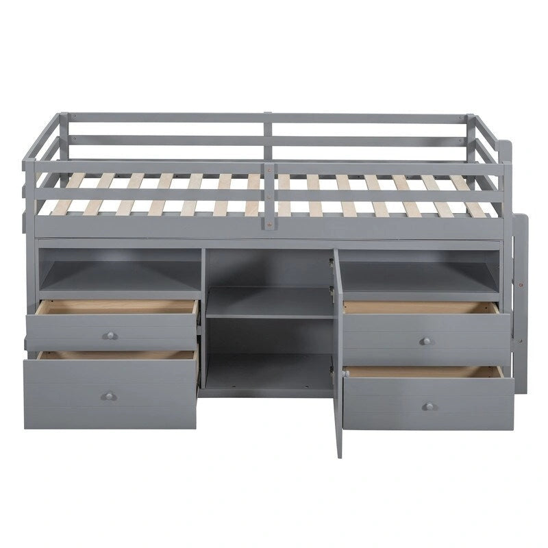Twin Size Loft Bed with 4 Drawers, Underneath Cabinet and Shelves