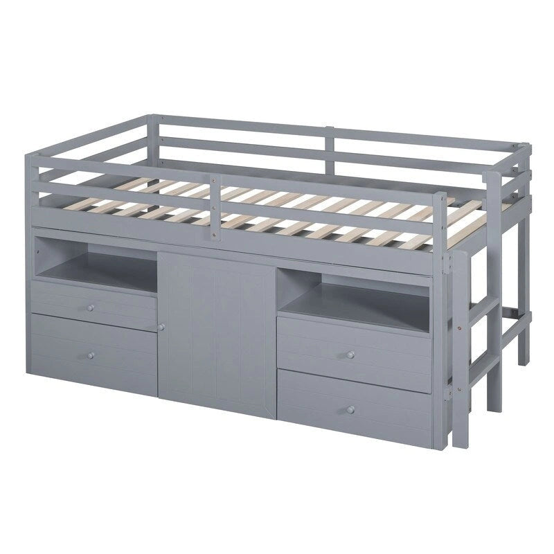 Twin Size Loft Bed with 4 Drawers, Underneath Cabinet and Shelves
