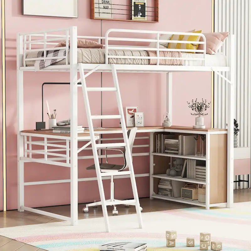 Twin Size Metal Loft Bed with 3 Layers of Shelves and L-shaped Desk