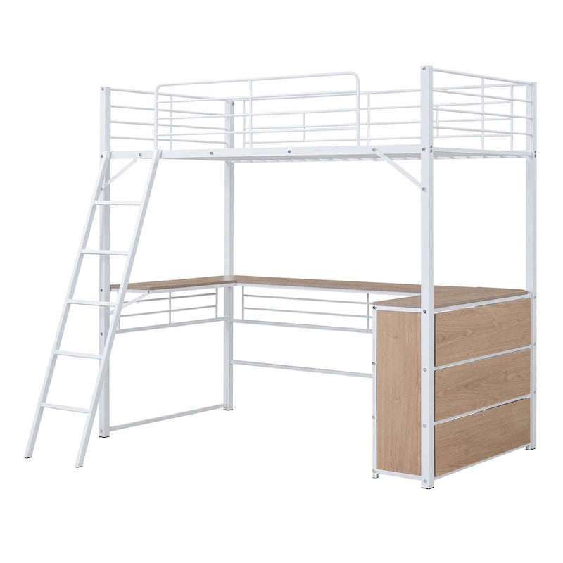 Twin Size Metal Loft Bed with 3 Layers of Shelves and L-shaped Desk