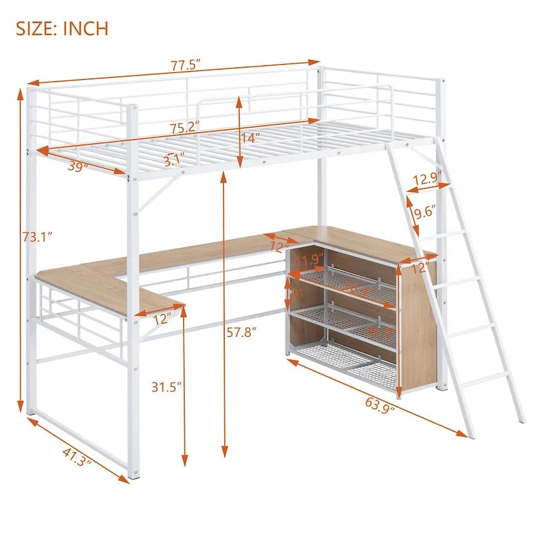 Twin Size Metal Loft Bed with 3 Layers of Shelves and L-shaped Desk