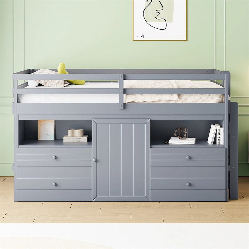 Twin Size Loft Bed with 4 Drawers,Underneath Cabinet and Shelves