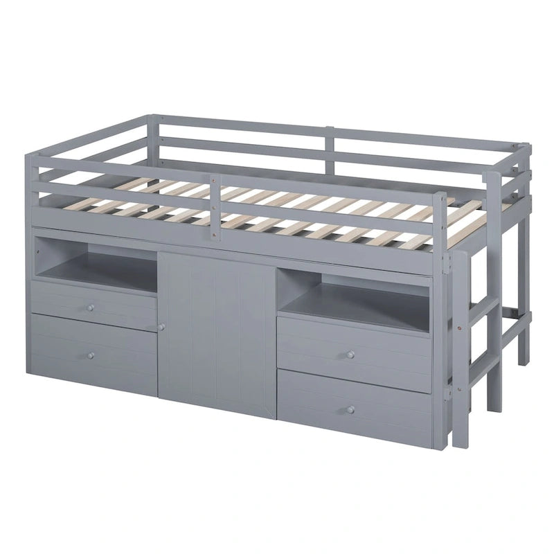 Twin Size Loft Bed with 4 Drawers,Underneath Cabinet and Shelves