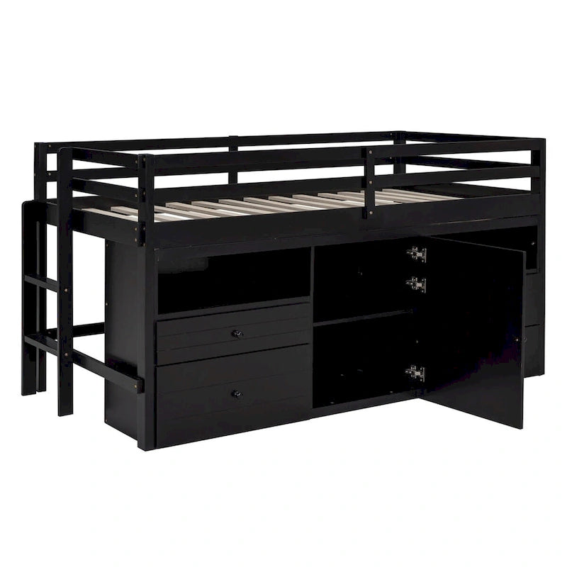 Twin Size Loft Bed with 4 Drawers,Underneath Cabinet and Shelves