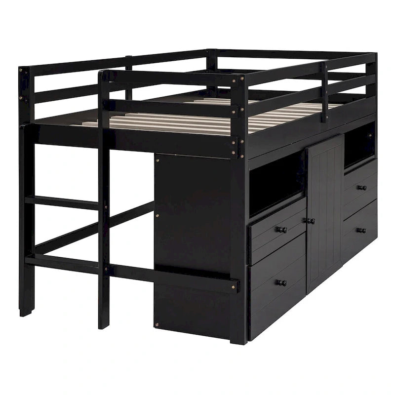 Twin Size Loft Bed with 4 Drawers,Underneath Cabinet and Shelves