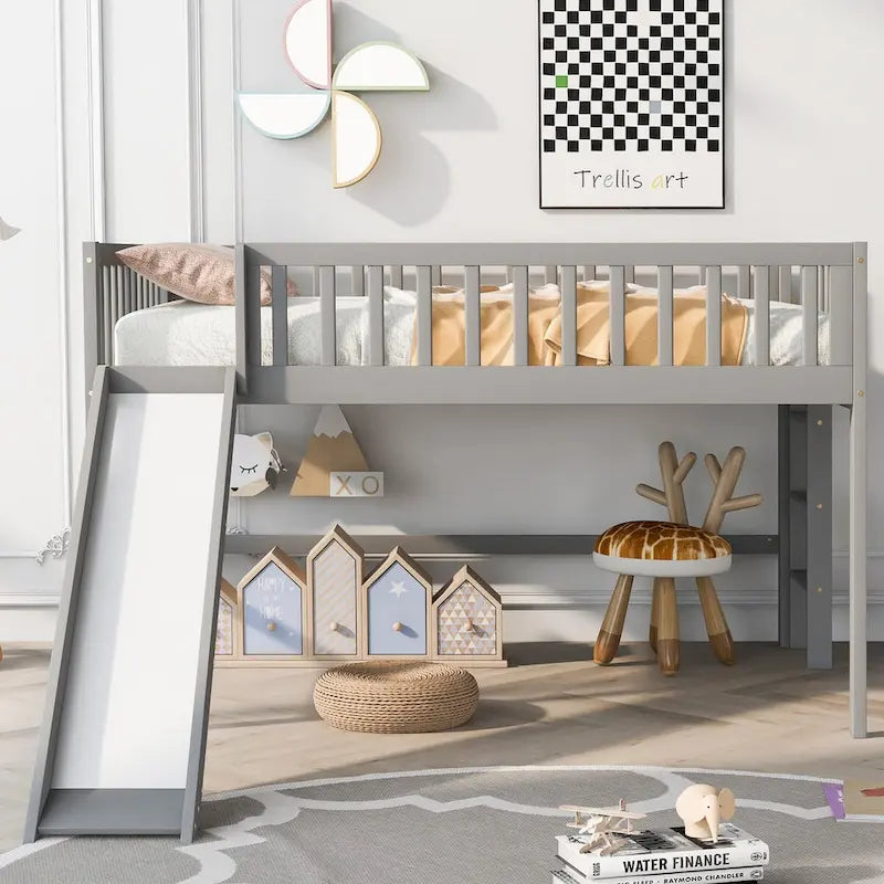Full Size Low Loft Bed Frame for Boys Girls Kids Adults Toddler for Boys Girls Kids Adults Toddler with Ladder and Slide