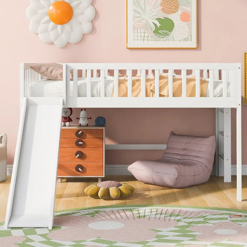 Full Size Low Loft Bed Frame for Boys Girls Kids Adults Toddler for Boys Girls Kids Adults Toddler with Ladder and Slide