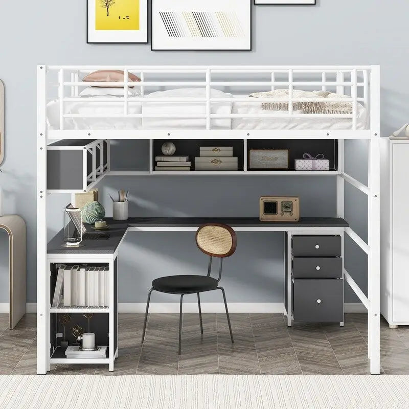 Full Size Metal Loft Bed with Bookcase, Desk and Cabinet