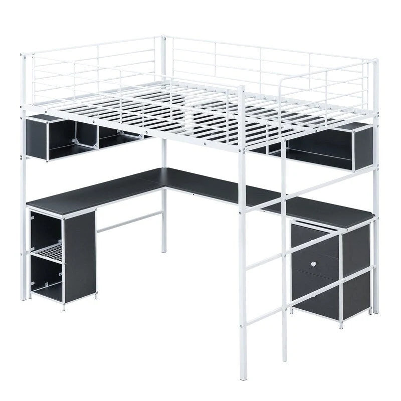 Full Size Metal Loft Bed with Bookcase, Desk and Cabinet