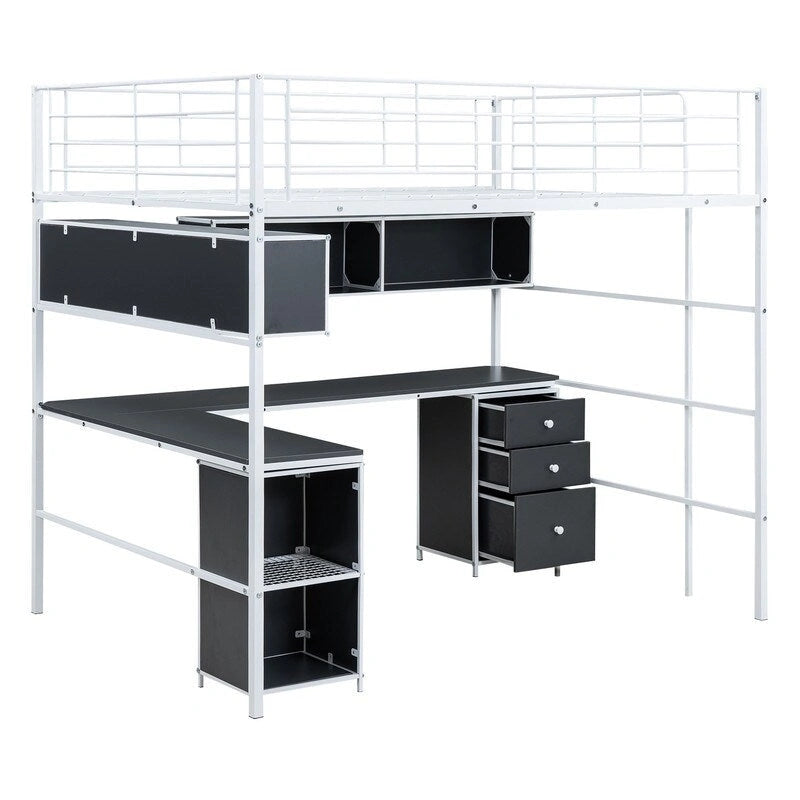 Full Size Metal Loft Bed with Bookcase, Desk and Cabinet
