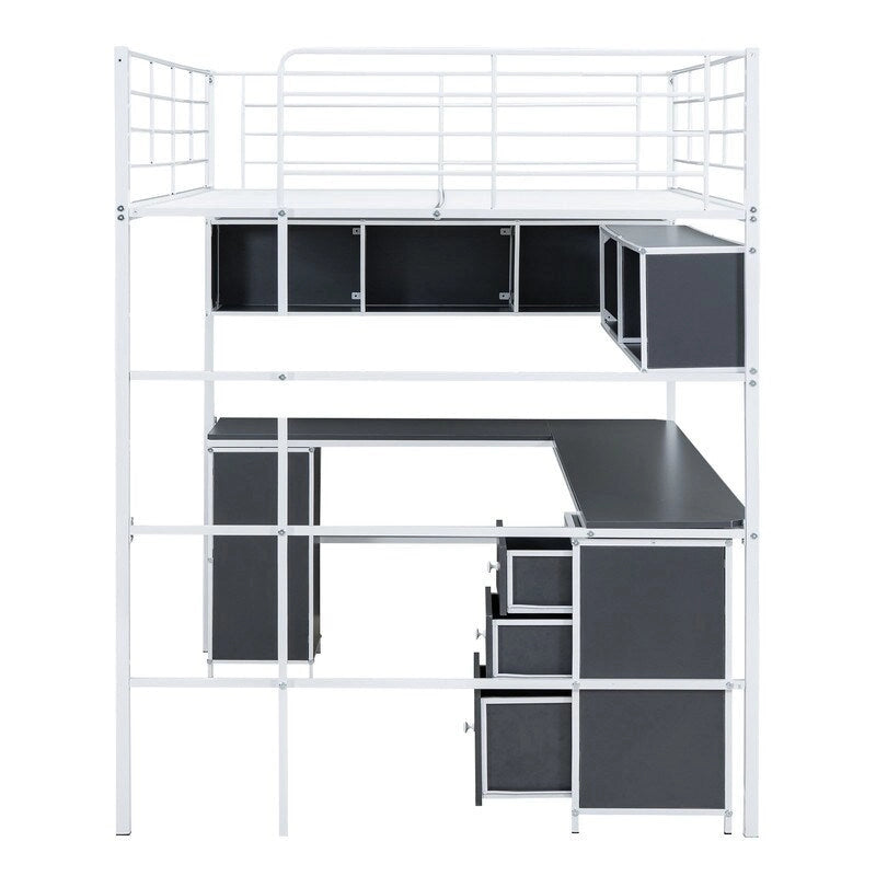 Full Size Metal Loft Bed with Bookcase, Desk and Cabinet