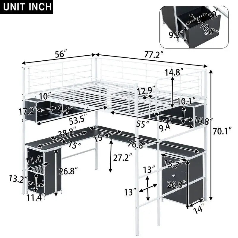 Full Size Metal Loft Bed with Bookcase, Desk and Cabinet
