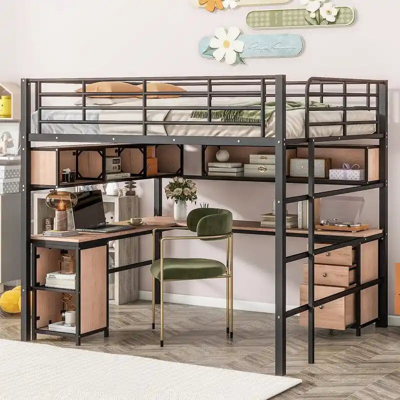 Full Size Metal Loft Bed with Bookcase, Desk and Cabinet