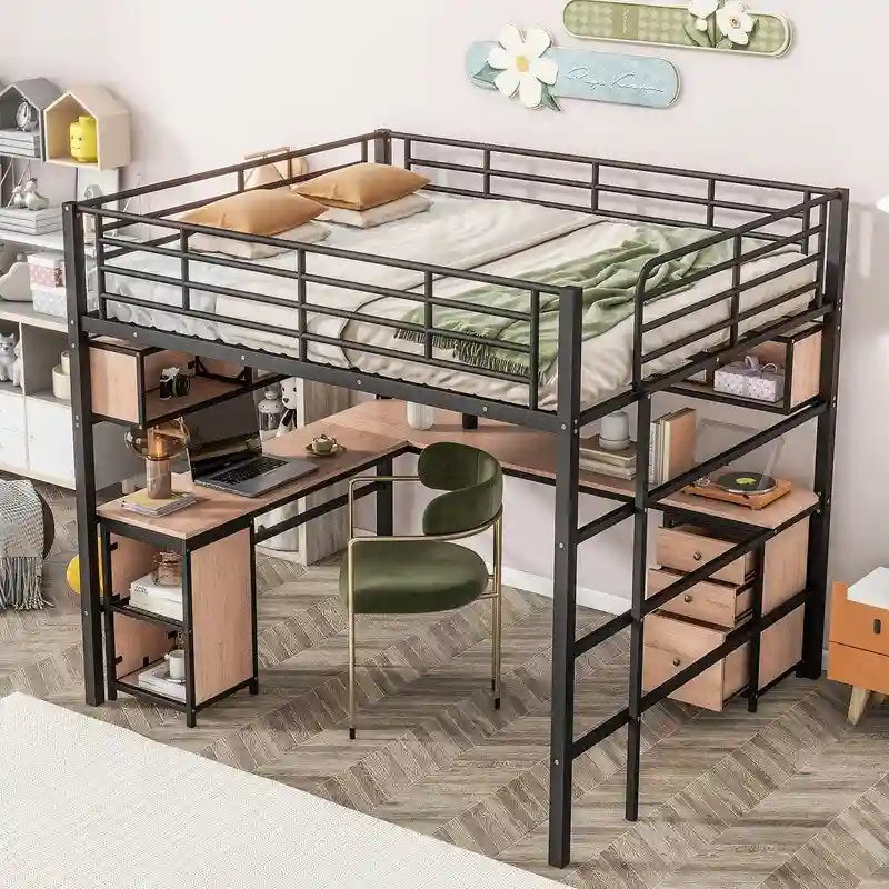 Full Size Metal Loft Bed with Bookcase, Desk and Cabinet