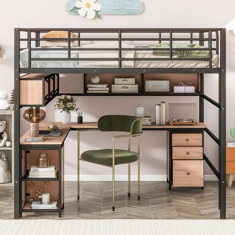 Full Size Metal Loft Bed with Bookcase, Desk and Cabinet