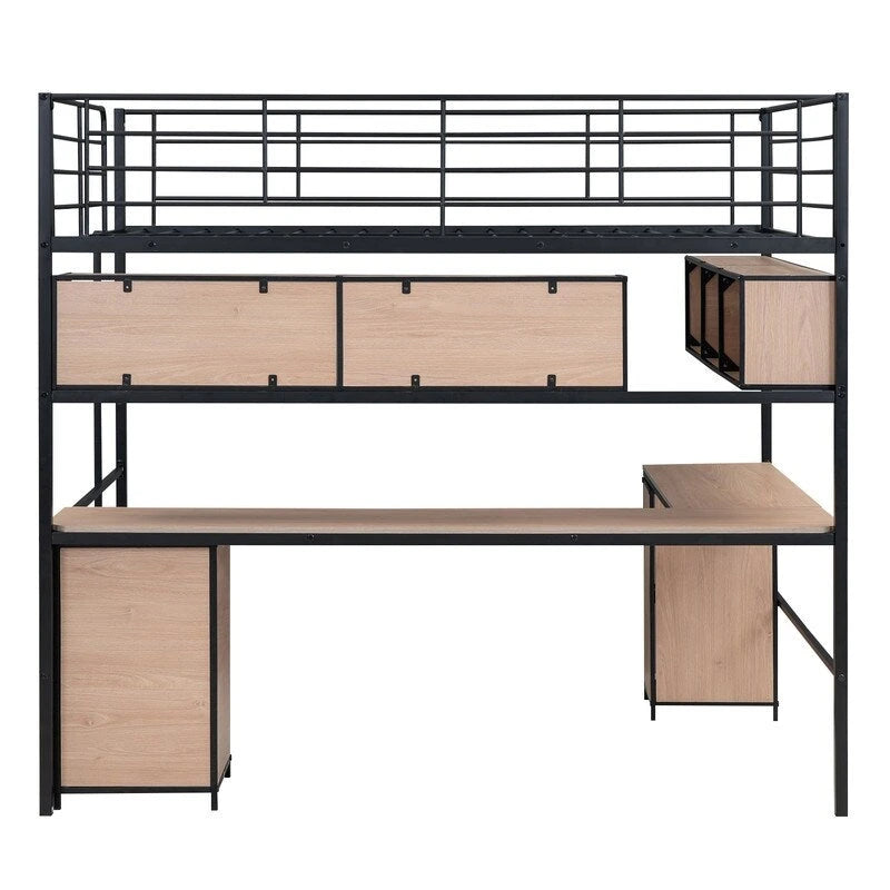 Full Size Metal Loft Bed with Bookcase, Desk and Cabinet