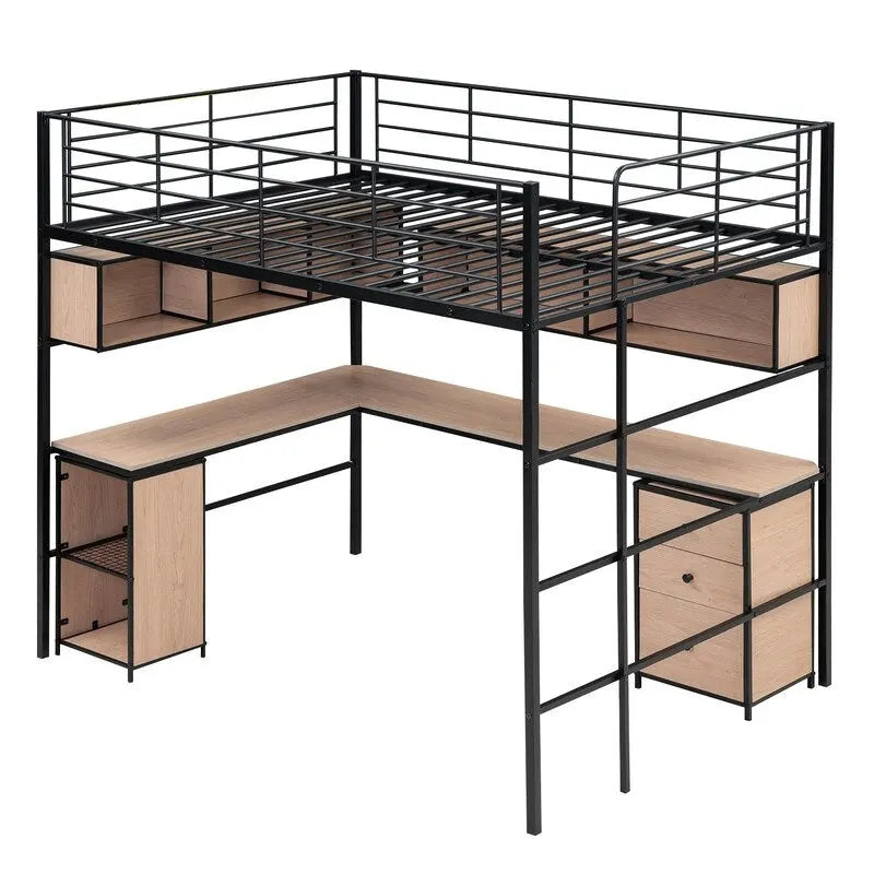 Full Size Metal Loft Bed with Bookcase, Desk and Cabinet