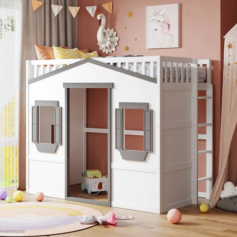 Elegant Pine Wood Twin Size Loft Bed, Ladder, Solid Construction