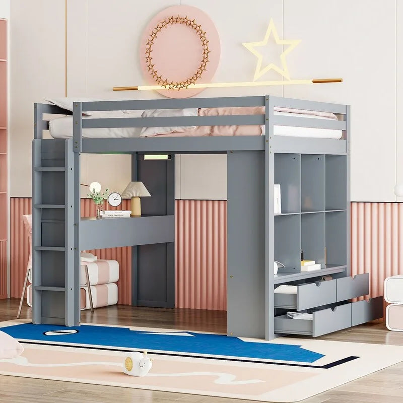 Full Size Wooden Loft Bed with large shelves, writing desk and LED Light