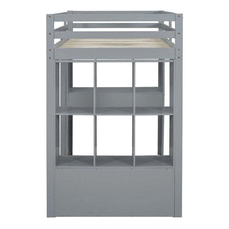 Full Size Wooden Loft Bed with large shelves, writing desk and LED Light