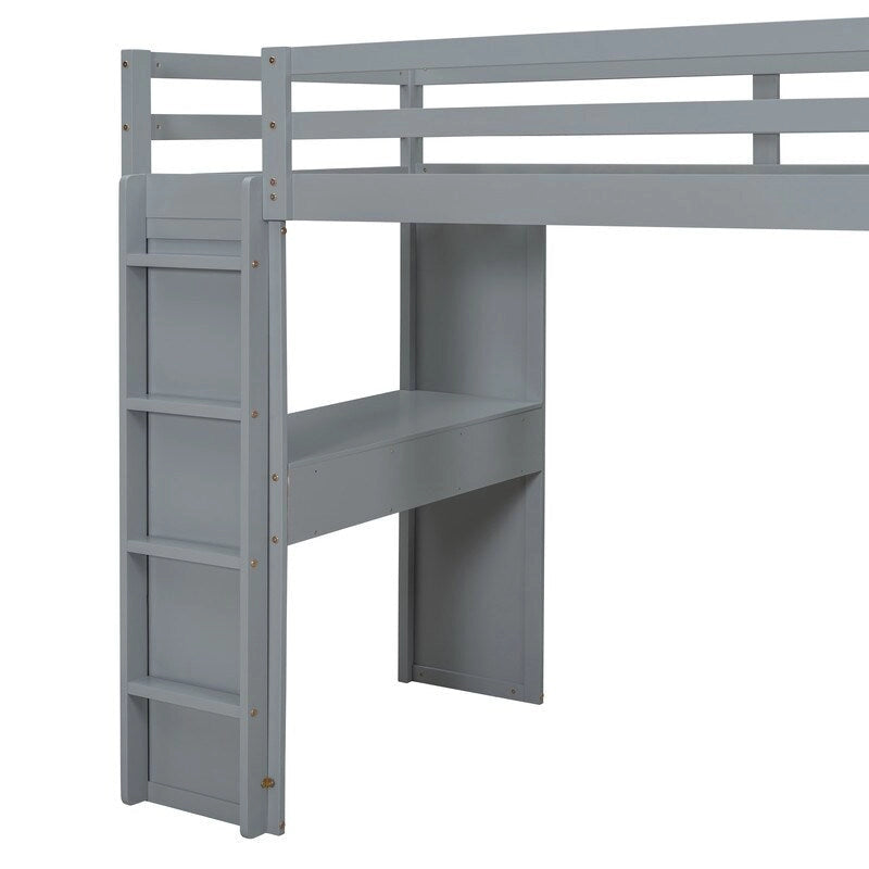 Full Size Wooden Loft Bed with large shelves, writing desk and LED Light