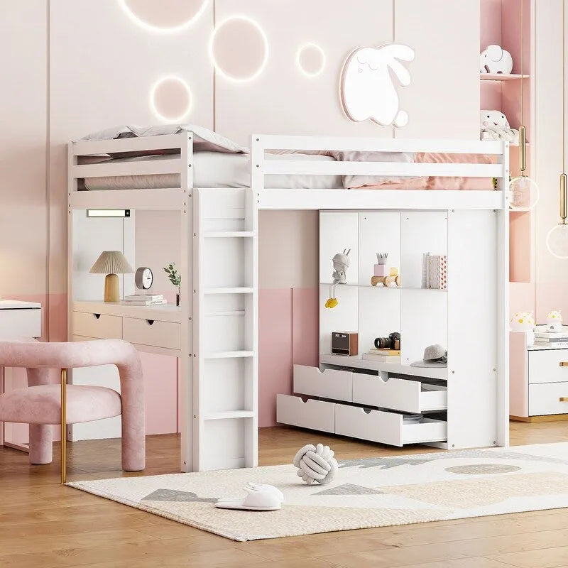 Full Size Wooden Loft Bed with large shelves, writing desk and LED Light