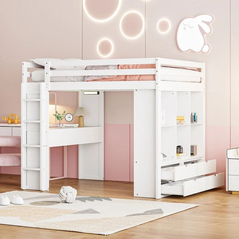 Full Size Wooden Loft Bed with large shelves, writing desk and LED Light