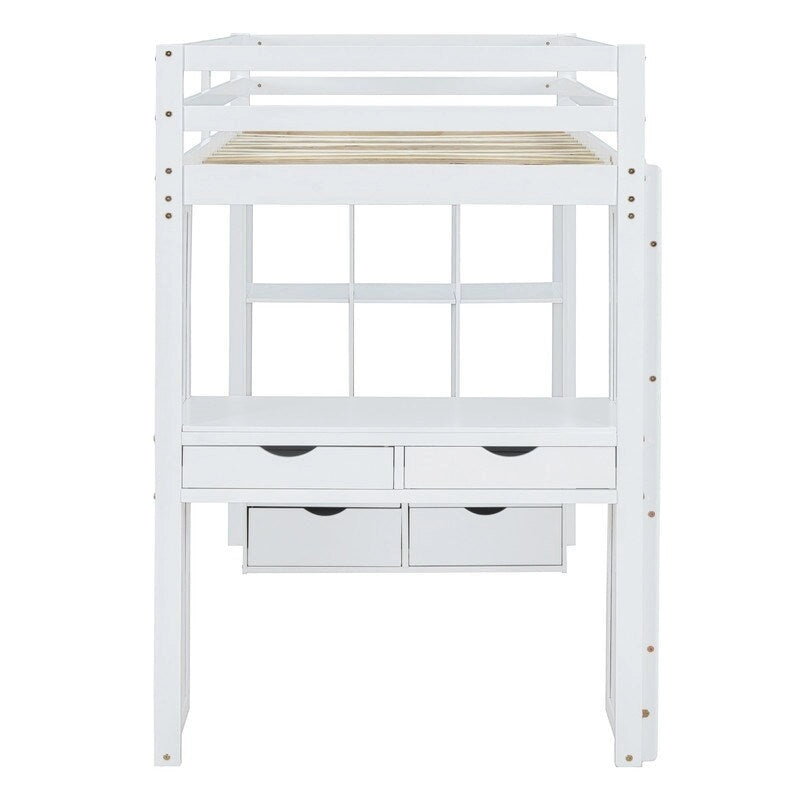 Full Size Wooden Loft Bed with large shelves, writing desk and LED Light
