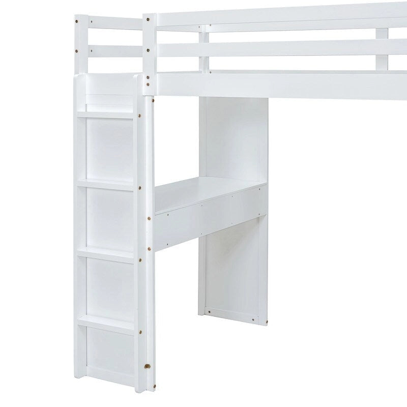 Full Size Wooden Loft Bed with large shelves, writing desk and LED Light
