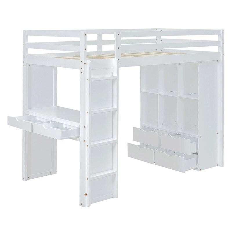 Full Size Wooden Loft Bed with large shelves, writing desk and LED Light
