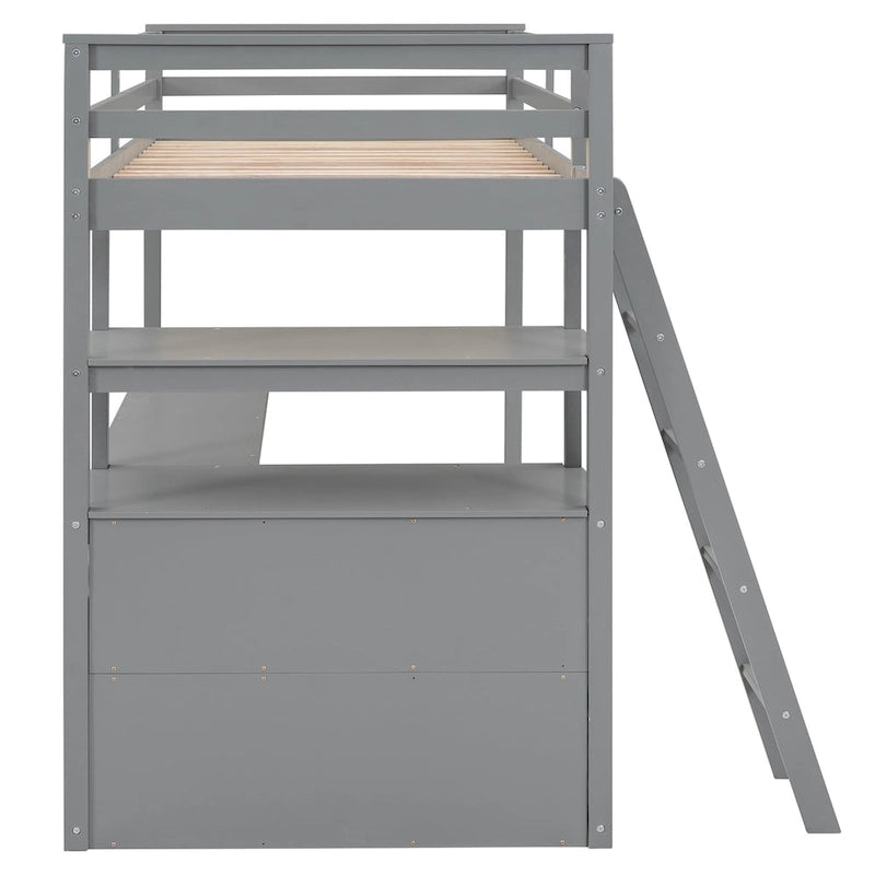 Loft Bed with Desk and Shelves, Two Built-in Drawers