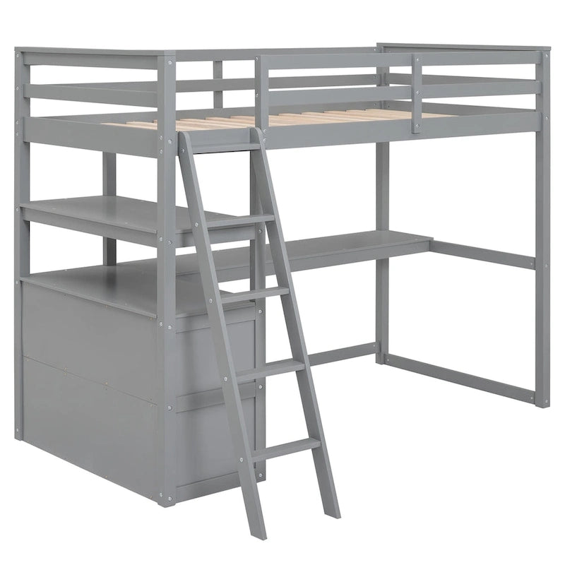 Loft Bed with Desk and Shelves, Two Built-in Drawers