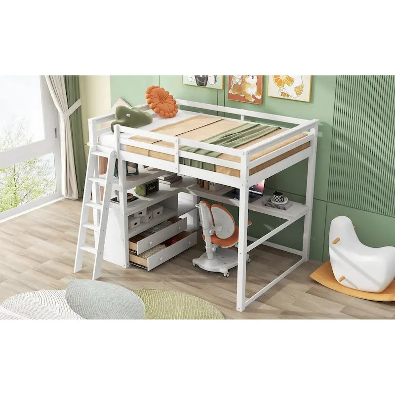 Loft Bed with Desk and Shelves, Two Built-in Drawers