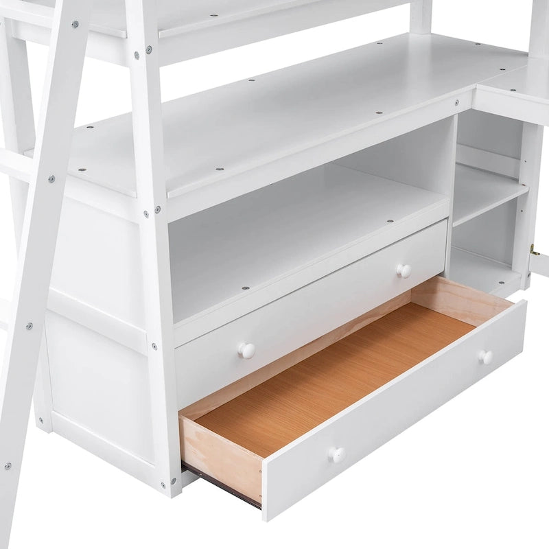 Loft Bed with Desk and Shelves, Two Built-in Drawers