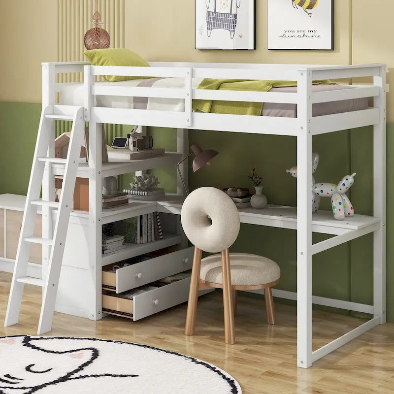 Loft Bed with Desk and Shelves, Two Built-in Drawers