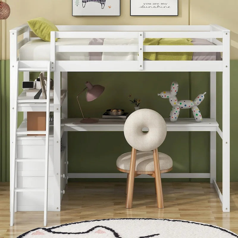 Loft Bed with Desk and Shelves, Two Built-in Drawers