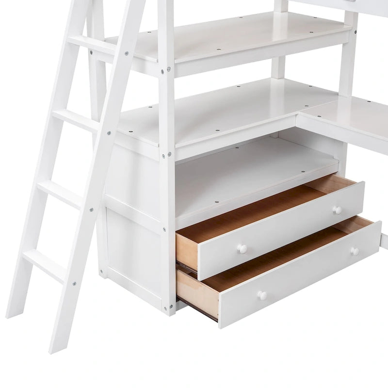 Loft Bed with Desk and Shelves, Two Built-in Drawers