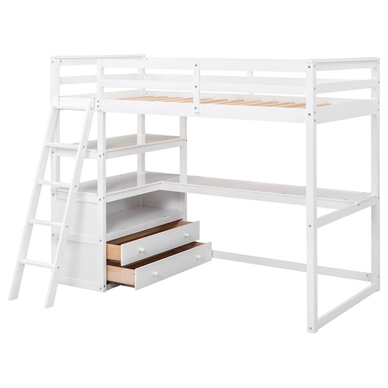 Loft Bed with Desk and Shelves, Two Built-in Drawers