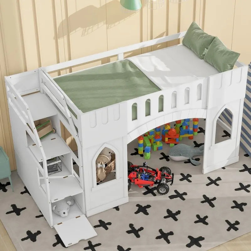 Twin Size Wood Loft Bed with Storage Staircase and Window