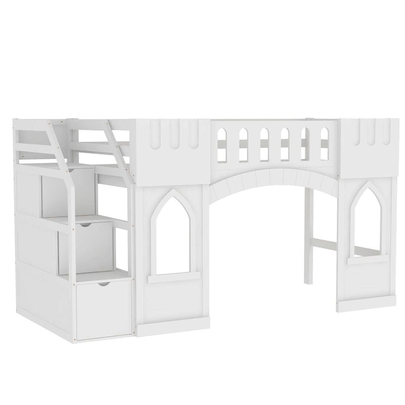 Twin Size Wood Loft Bed with Storage Staircase and Window