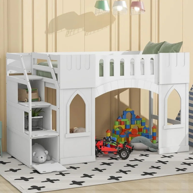 Twin Size Wood Loft Bed with Storage Staircase and Window