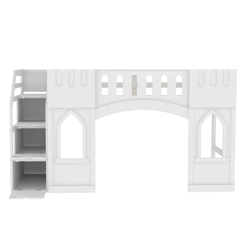 Twin Size Wood Loft Bed with Storage Staircase and Window