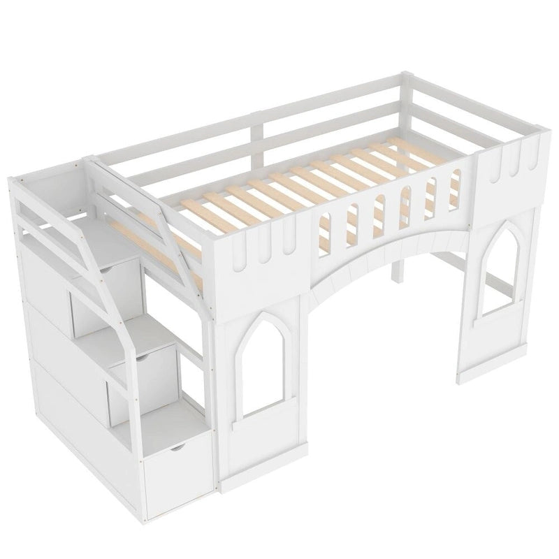 Twin Size Wood Loft Bed with Storage Staircase and Window