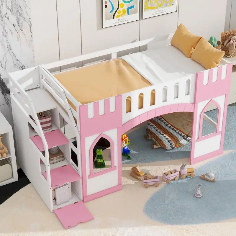 Twin Size Wood Loft Bed with Storage Staircase and Window