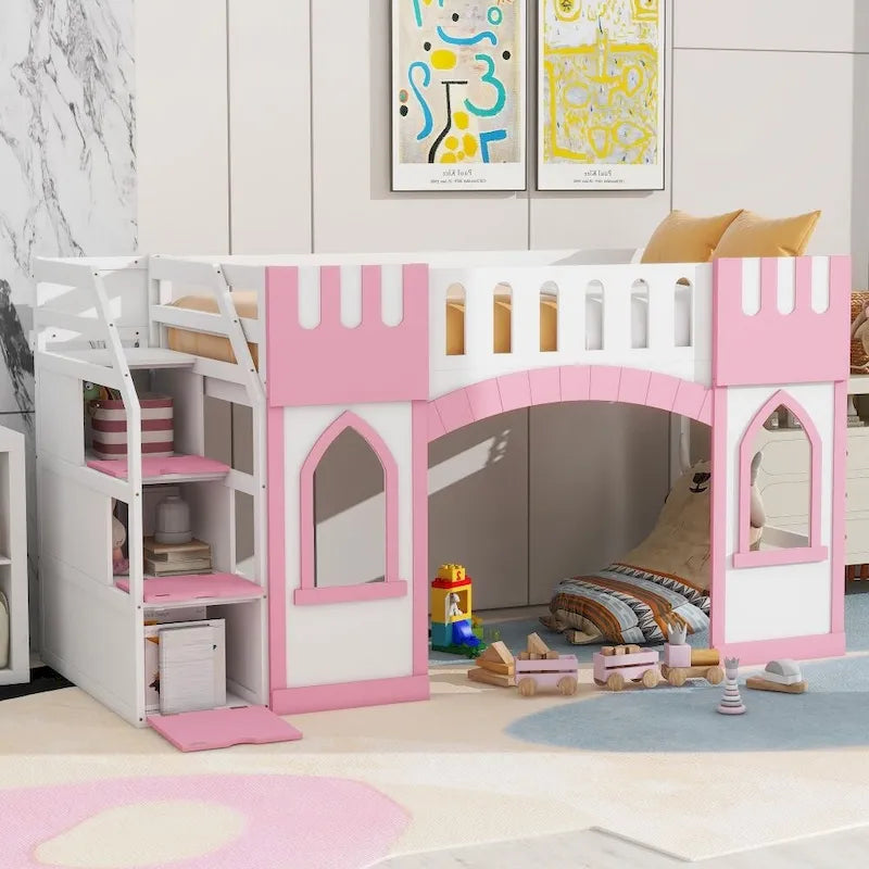Twin Size Wood Loft Bed with Storage Staircase and Window